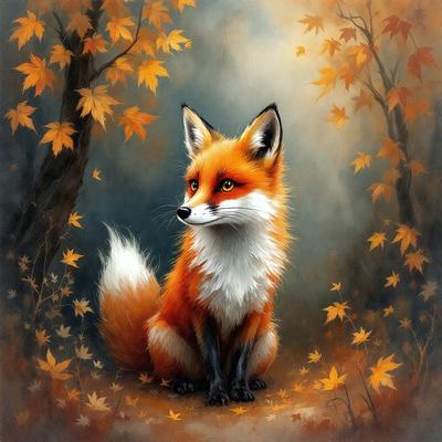 The primary subject of the image is a fox, which is sitting on the ground in a forest setting. The visual style of the image is a painting, with the fox being the main focus. The colors and mood of the painting are warm and inviting, with the fox being surrounded by a forest of trees and leaves.